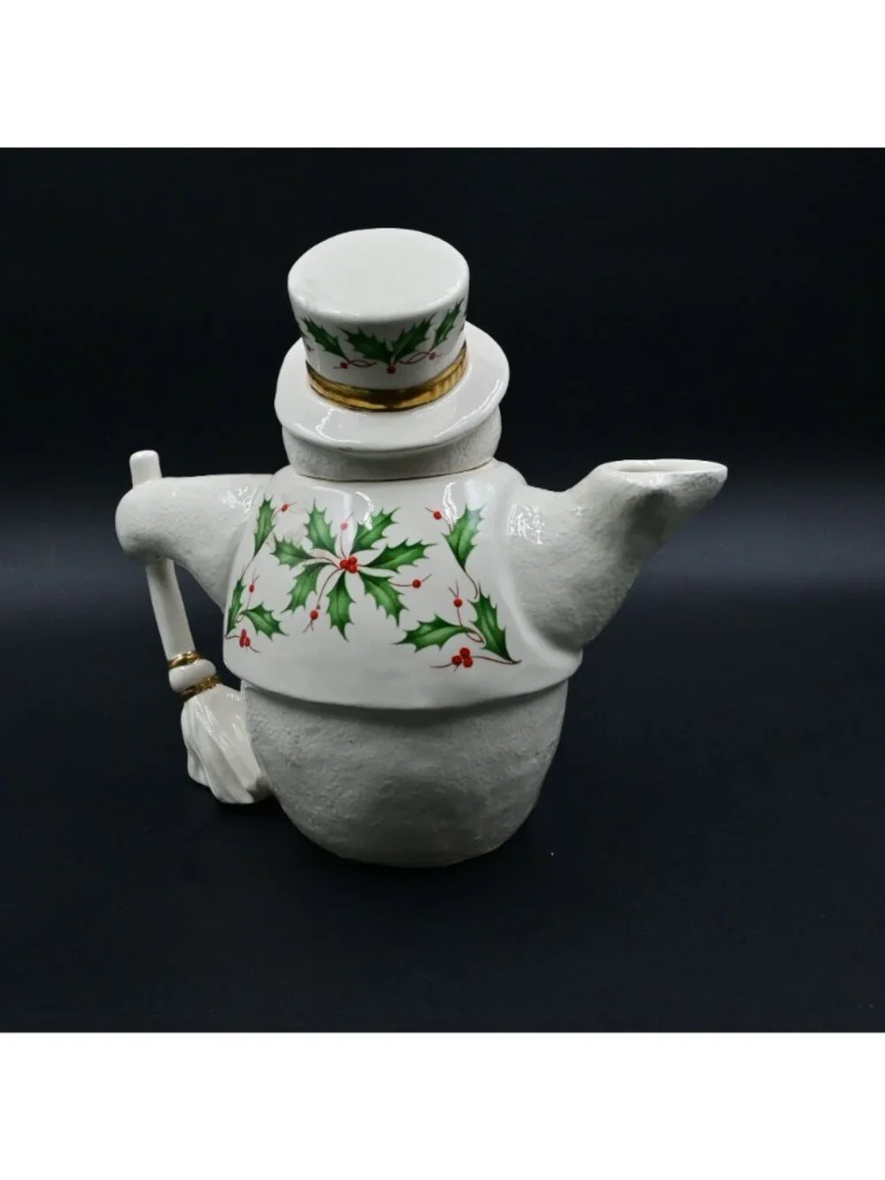 Lenox Holiday Snowman Teapot Christmas Holly Berry Fine Porcelain Gold Trim